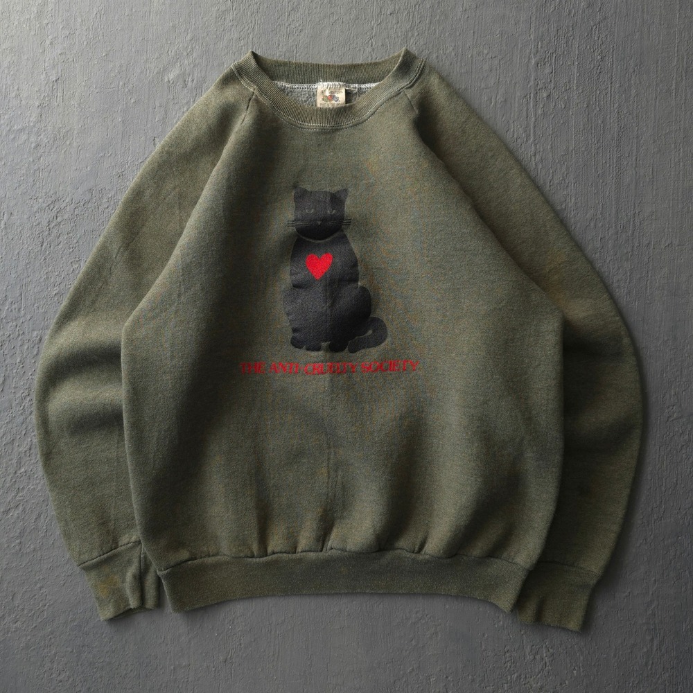 Vintage 90s Fruit of the Loom Olive Sweatshirt L Anti-Cruelty Society Cat Heart